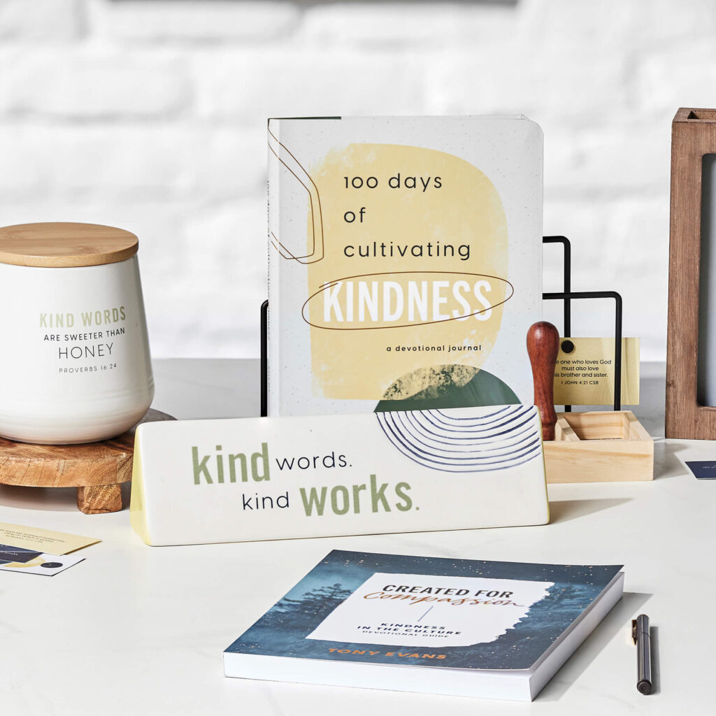 Kindness products - Created for Compassion book, Kind Words desk decoration, 100 Days of Cultivating Kindness devotional journal, and Kind Words are Sweeter than Honey jar.