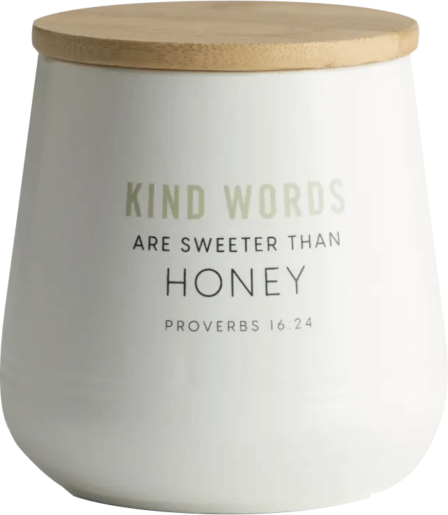 Kind Words are Sweeter than Honey white jar with lid.