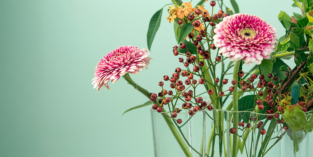 Flowers in a vase with a green background.