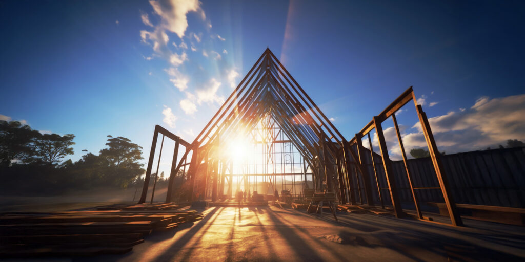 Wood frame of house or church being built.