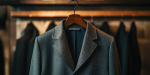 Suit jacket on a hanger in front of a closet