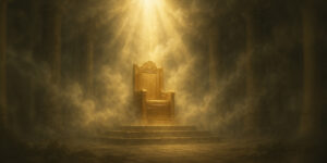 A golden throne surrounded by mist and heavenly lights from above.