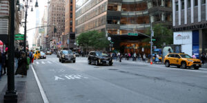 A busy street in a city.