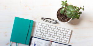 Tabletop view of desk with journal, keyboard, glasses and plant.